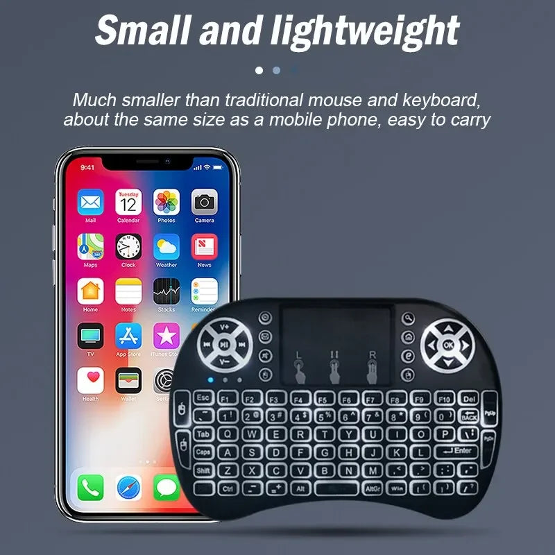 Mini teclado sem fio 2.4ghz, retroiluminação, inglês, russo, espanhol, mouse remoto, touchpad para android, caixa de tv, computador digital i8