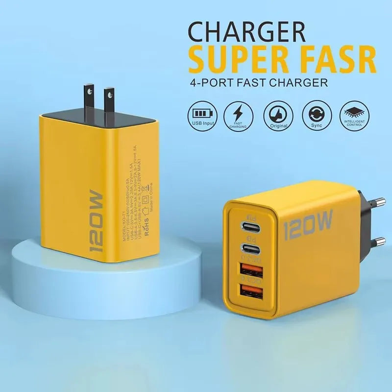 Carregador de 4 portas 120W com Quick Charge 3.0, USB C PD Tipo C, carregador de celular com carregamento rápido para iPhone, Samsung, Xiaomi, Huawei