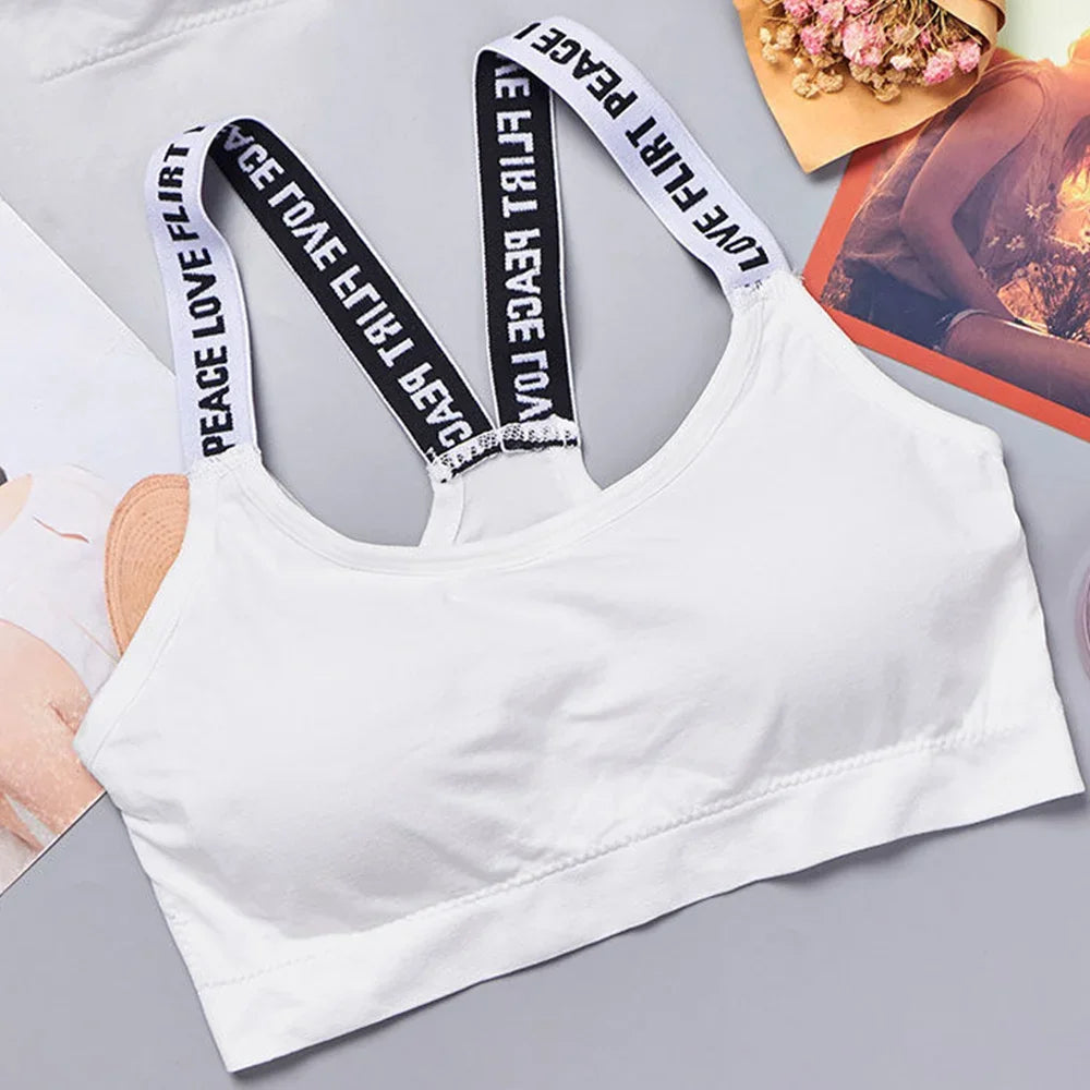 Roupa Íntima Esportiva Feminina, Top Cropped Sem Costura para Yoga e Fitness, Alças Largas com Letras, Confortável para Atividades Físicas, Sem Arame