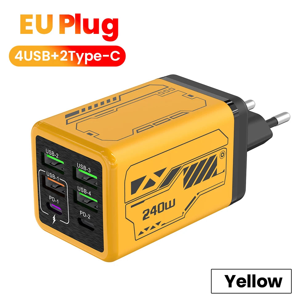 240w 6 portas 4usb + 2 tipo c carregamento super rápido carregador de telefone móvel usb3.0 pd3.0 ue/reino unido/eua carregador para iphone 17 16 samsung poco