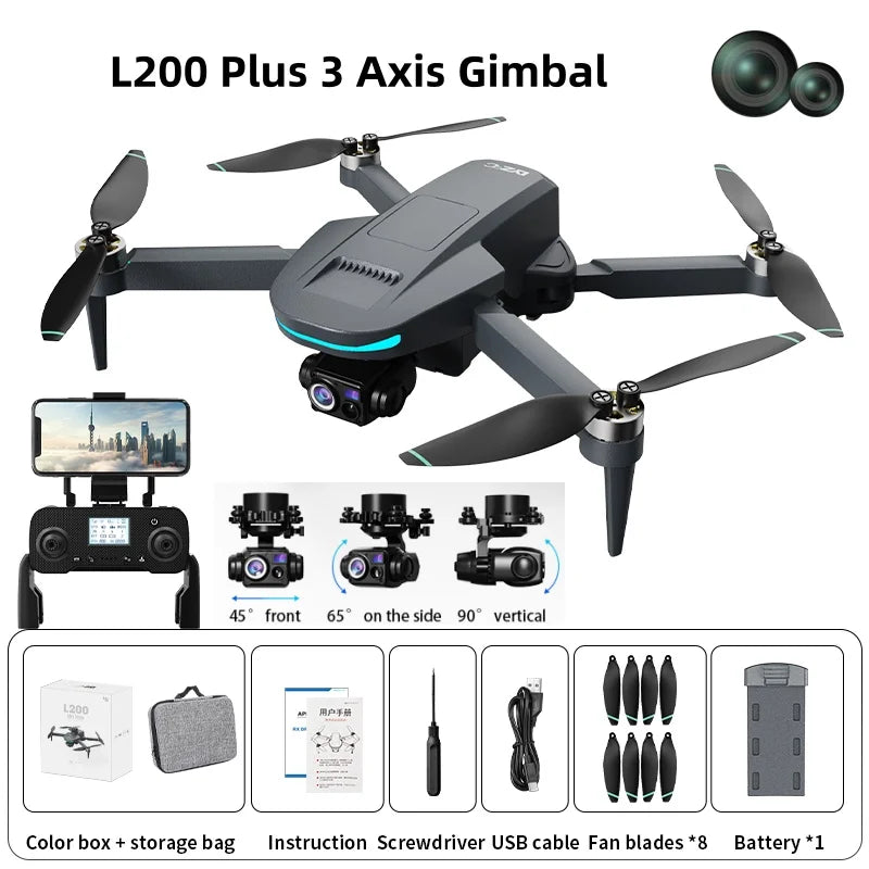 Novo Drone GPS L200 Plus de Fábrica com Câmera Profissional 4K HD, Lente Dupla e Gimbal de 3 Eixos 360 °   Quadcopter RC com Evitação de Obstáculos a Laser e Motor Sem Escovas