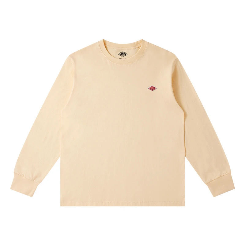 Primavera exportada para o japão estilo clássico moda sólida simples solta manga longa camiseta de algodão topo homem pequena ícone bordado t