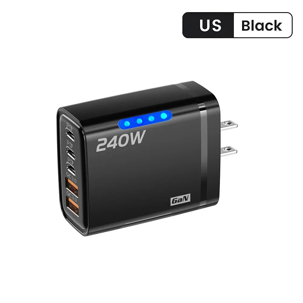 Carregador de Mesa USB C GaN 240W 5 em 1, Adaptador de Carregamento Rápido para Telefone, Cabo Tipo C 10A para iPhone, Samsung, Xiaomi, Carregador com Plugue EU/US/UK
