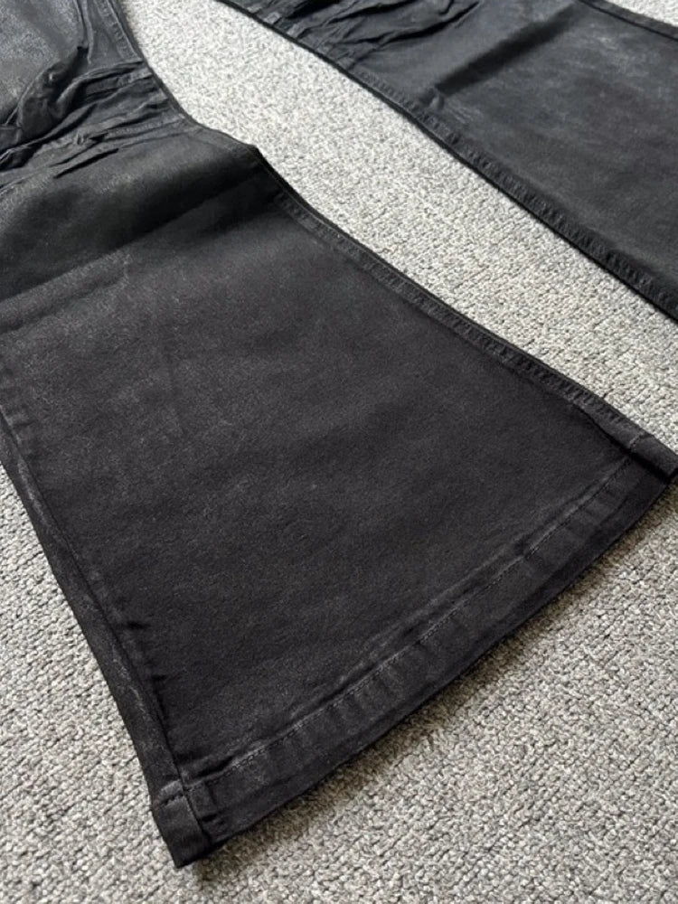 Jeans Masculino Retrô Americano Estilo High Street com Acabamento Artesanal de Cera Escovada, Lavado, Micro Flare, Cintura Mé...