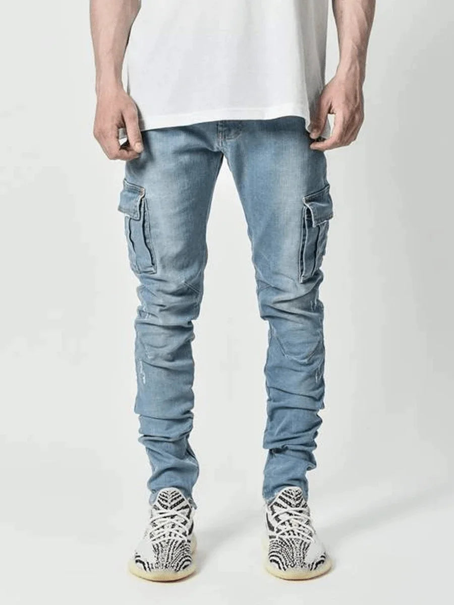 Novos calças de brim dos homens lavar cor sólida multi bolsos denim meados de cintura carga jeans plus size fahsion calças casuais masculino uso diário