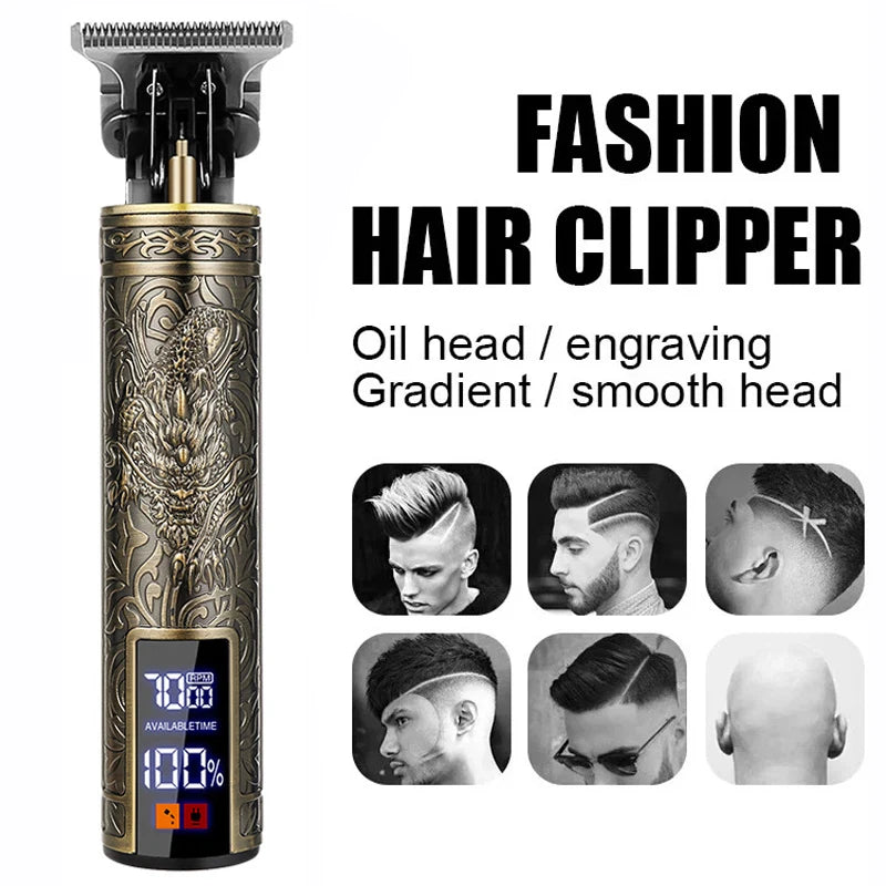 Aparador de cabelo de metal recarregável para homens, Carving Hair Clipper, Máquina de corte profissional do barbeiro
