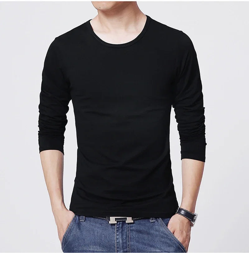 Camisetas Masculinas de Manga Longa Slim Fit MRMT 2026 Novas, Camiseta Masculina de Cor Pura para Jovens, Camisetas O-Neck para Homens e Meninos