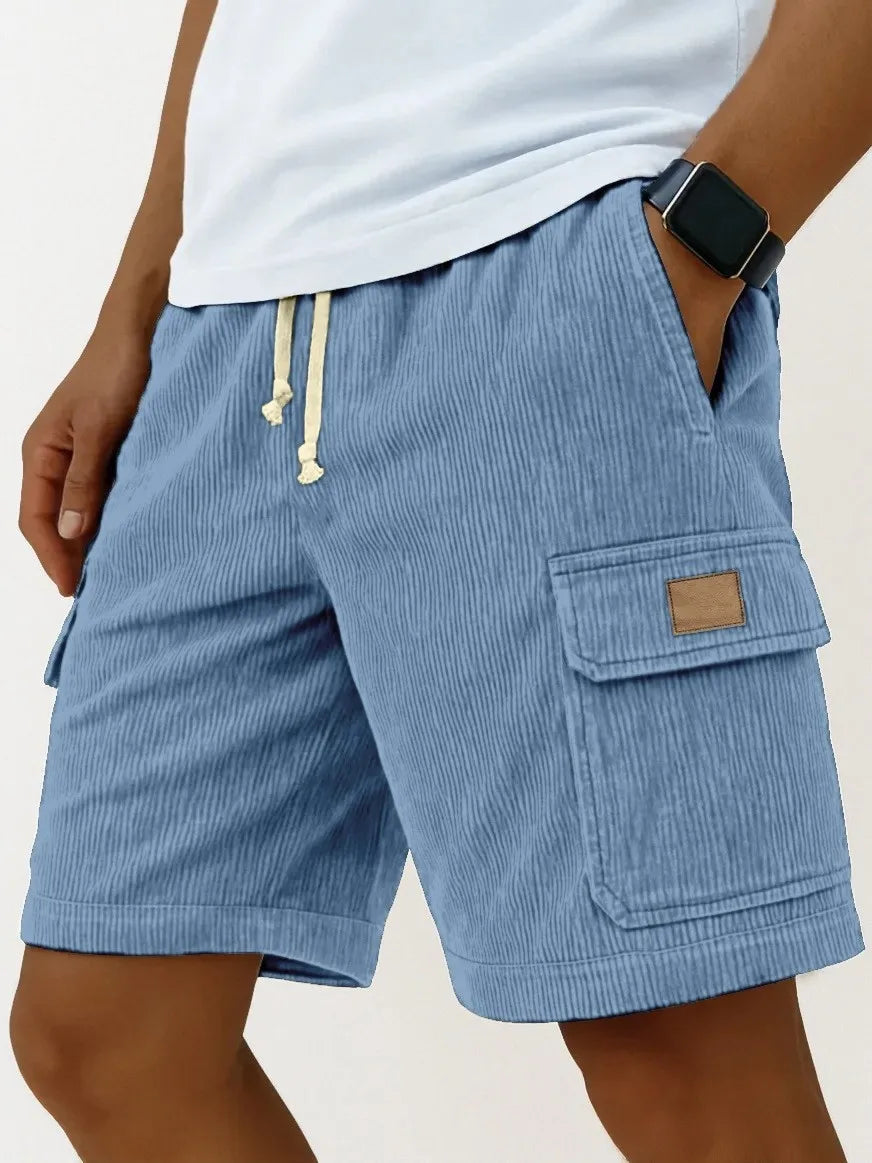 Bermudas Cargo Vintage Masculinas: Calções de Verão Modernos em Corduroy, Casuais, Cor Sólida, Esportivos e Respiráveis