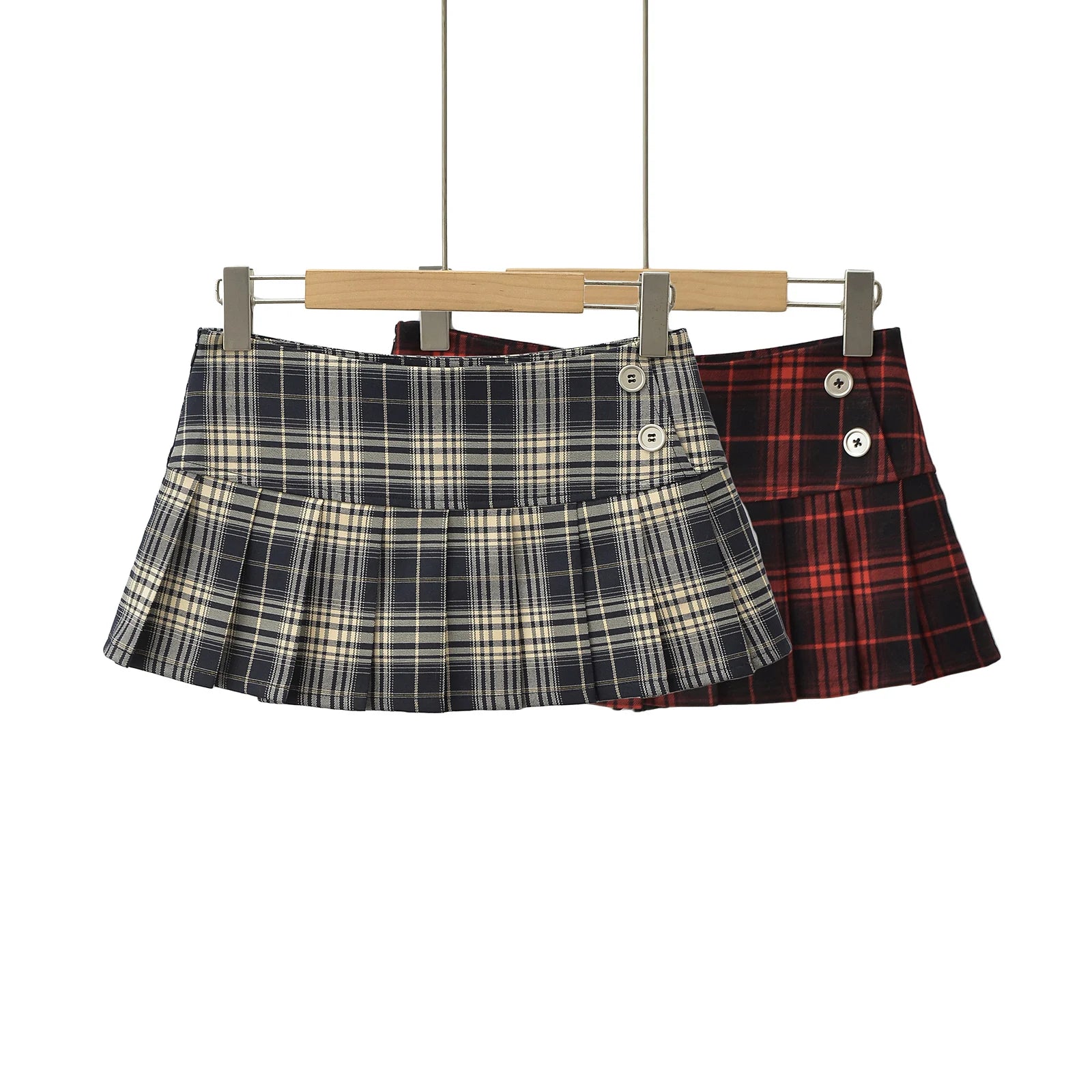 Mini-saia xadrez vermelho vintage feminina, botões de saias plissadas, estilo preppy, moda coreana, roupas, verão, Y2k