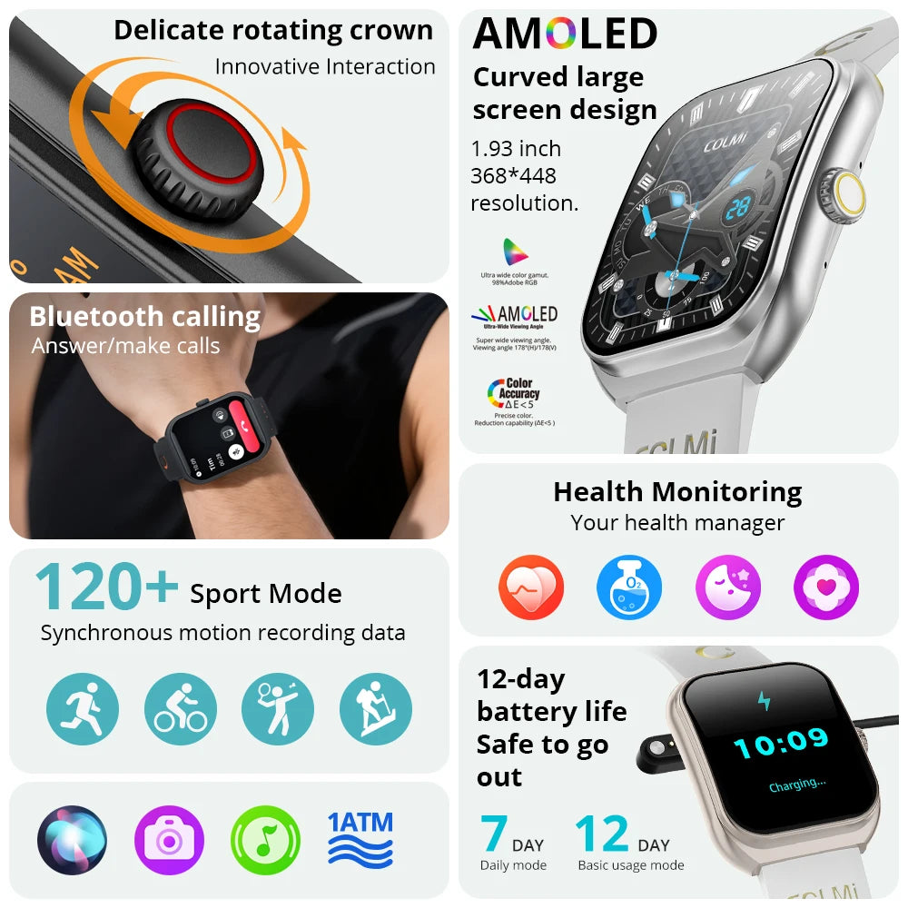 Novo colmi p86 1.93 "amoled smartwatch masculino gerenciador de saúde bluetooth chamada ip68 à prova dip68 água relógio inteligente feminino para xiaomi ios telefone