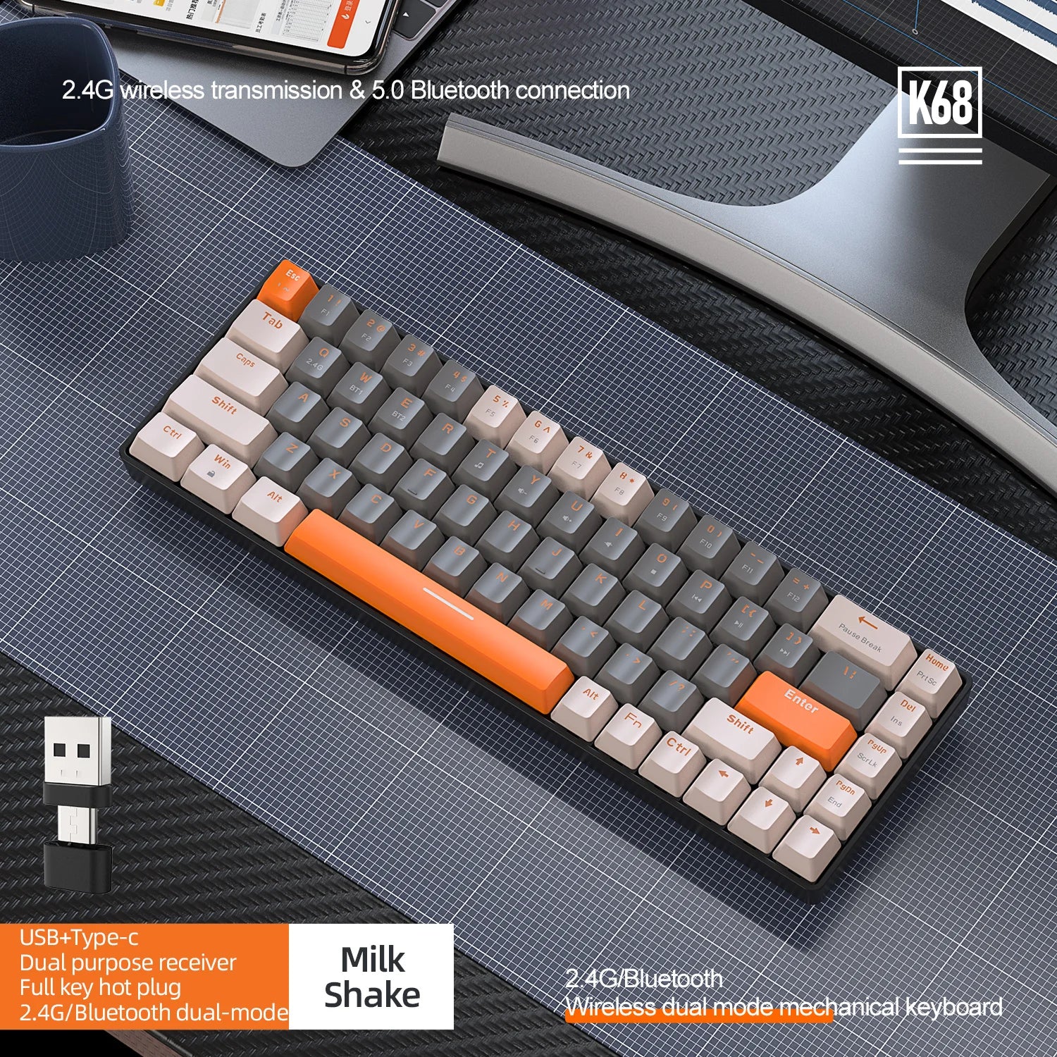 60% teclado mecânico sem fio bluetooth modo duplo hot-swap ziyoulang k68 mini teclado 68 teclas interruptor vermelho para pc/iphone ipad