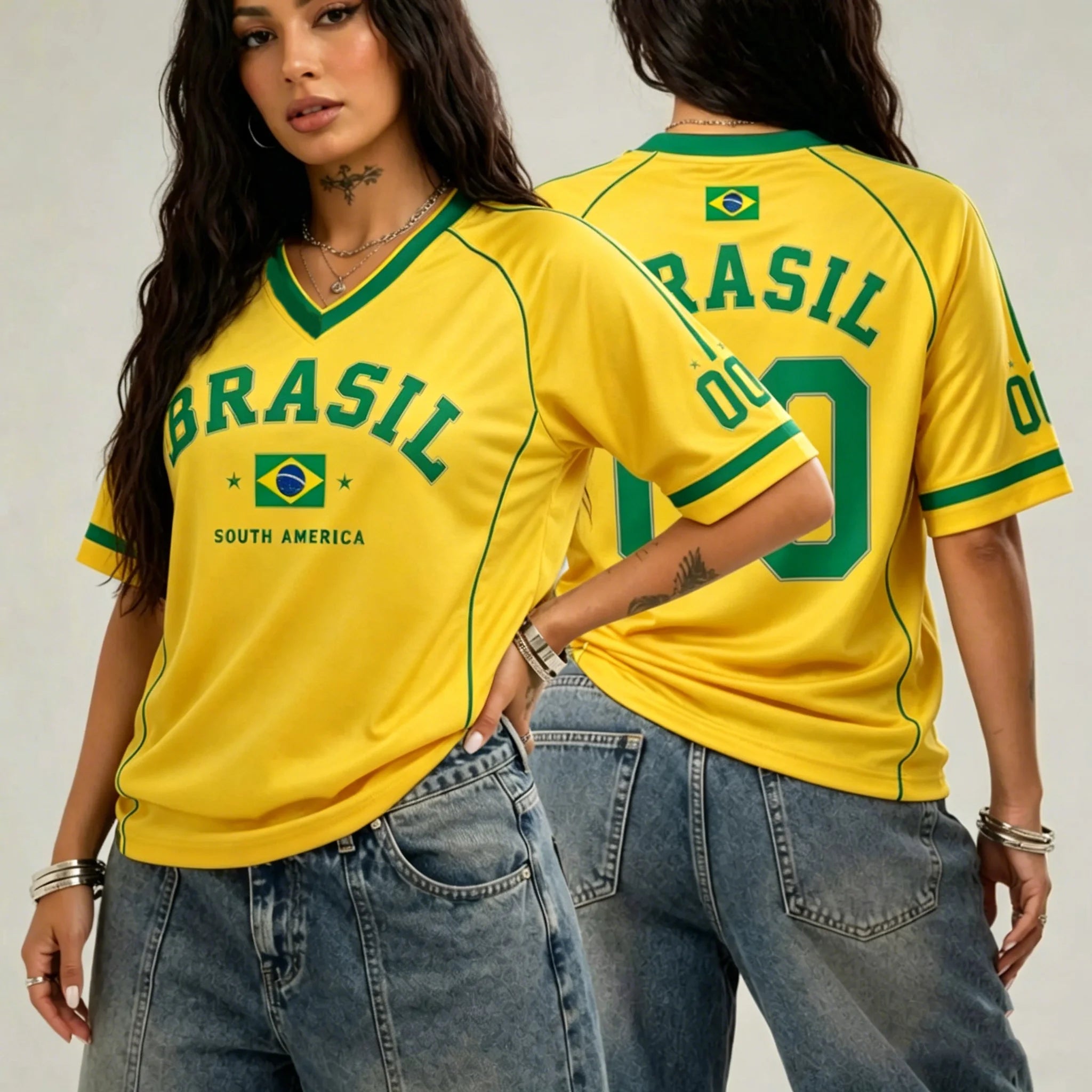 Camiseta Feminina Brasil 00 Estampada com Decote V e Manga Curta, Camiseta Gráfica de Verão, Camiseta Esportiva Plus Size