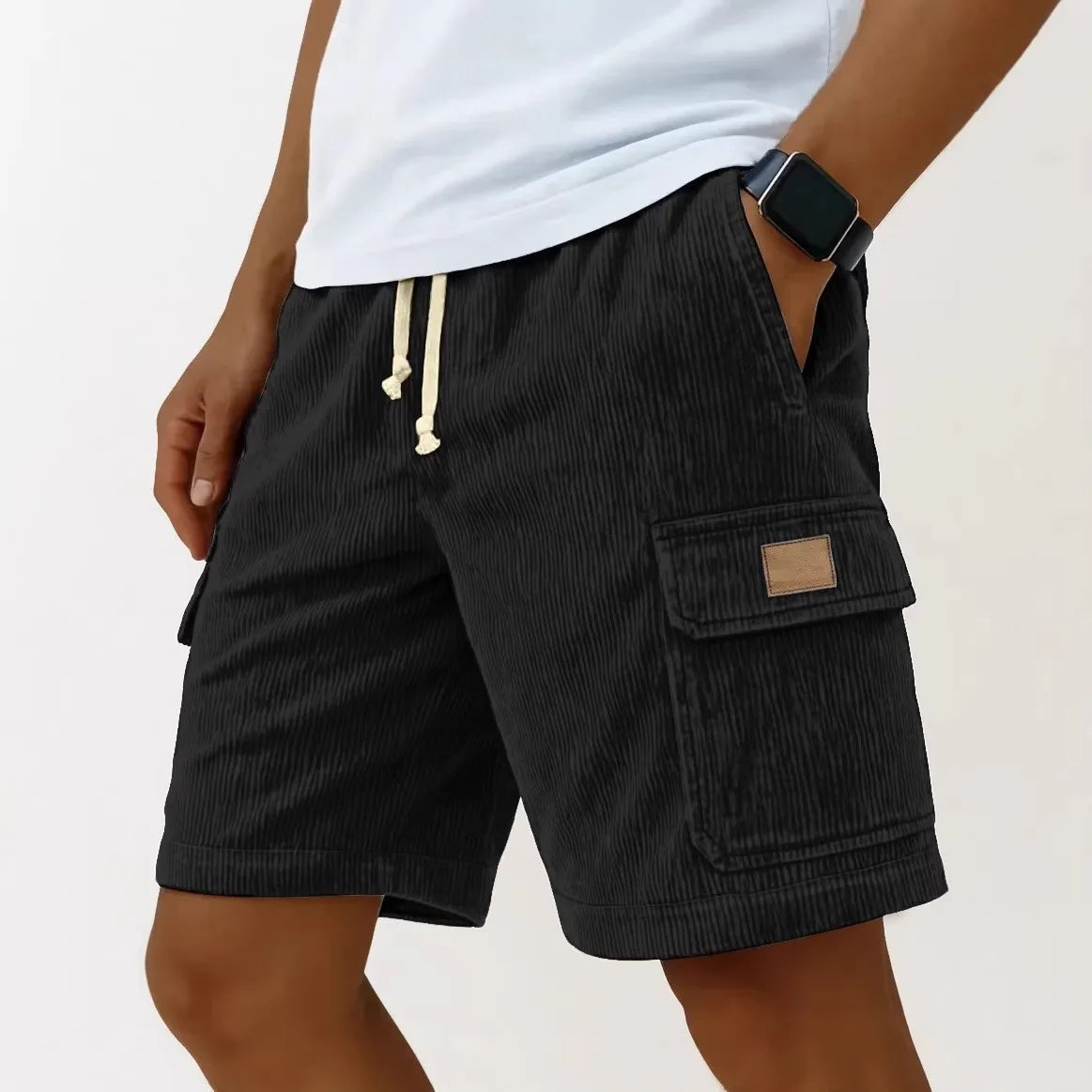 Bermudas Cargo Vintage Masculinas: Calções de Verão Modernos em Corduroy, Casuais, Cor Sólida, Esportivos e Respiráveis