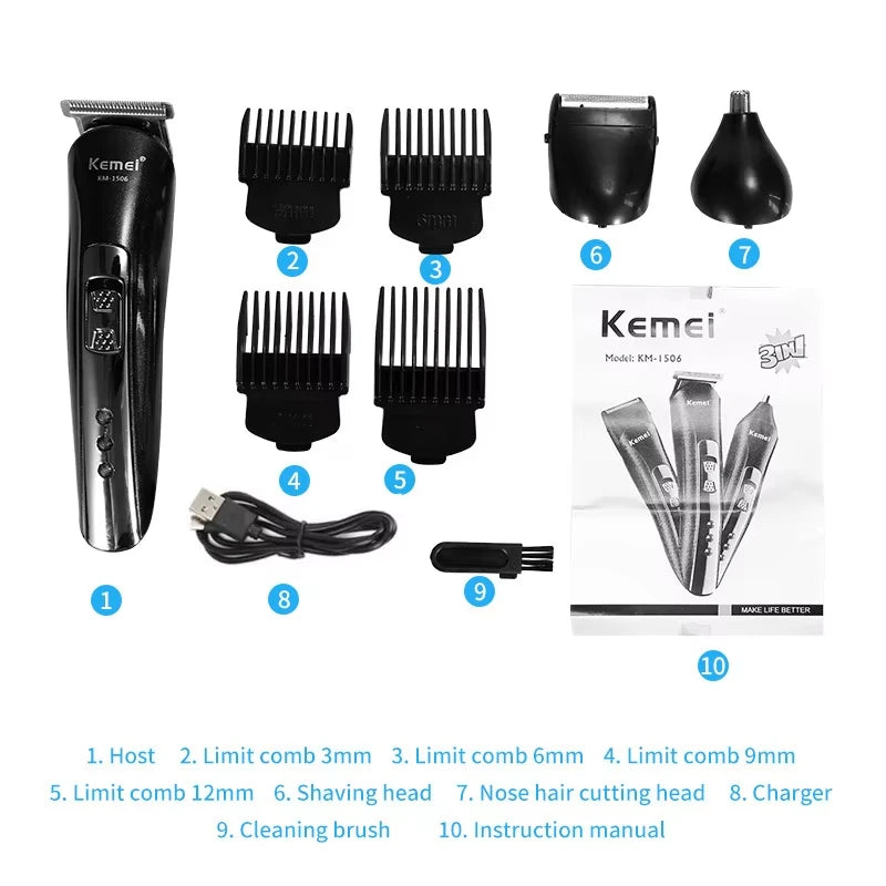 Kemei KM-1506 3 em 1 máquina de cortar cabelo elétrica carregamento usb barbeador recarregável nariz aparador cabelo profissional máquina barbear
