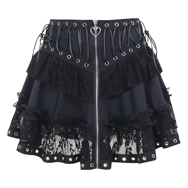 Patinador gótico punk vintage alta wasit saia feminina zíper frontal estilo japonês kawaii preto harajuku cosplay mini saias