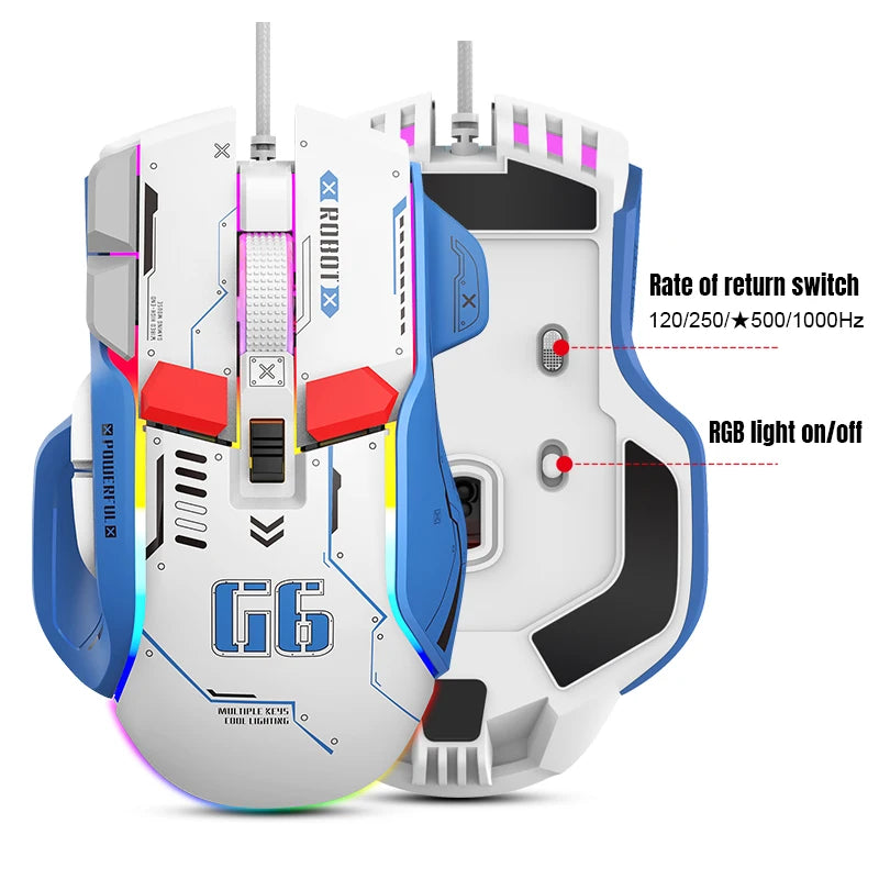 Mouse para jogos G6 com fio 128000 DPI ChipA826 RGB Design ergonômico macro programável superior para jogos e trabalho