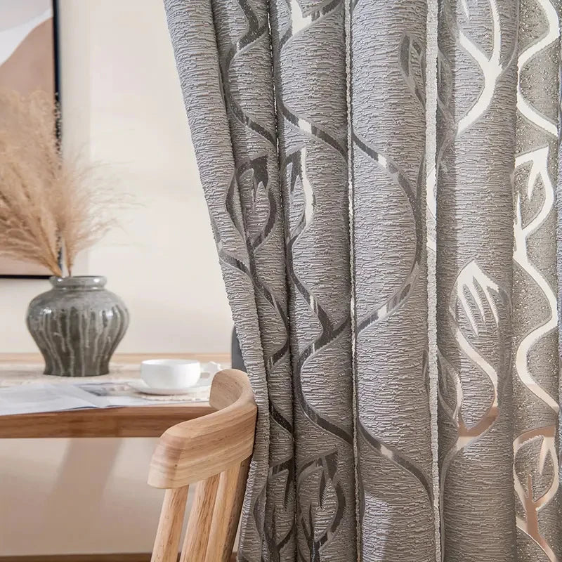 Simples cinza bordado oco para fora folha pura cortina haste bolso cortina sala de estar escritório decoração casa jardim festa casamento