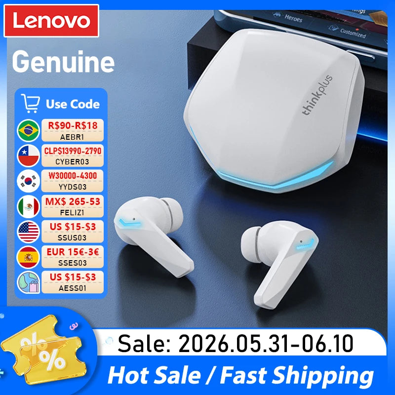 Fone de Ouvido Sem Fio Bluetooth V5.4 Lenovo GM2 Pro TWS com Chamada HD, Baixa Latência, Modo Duplo para Música e Jogos GM2PRO