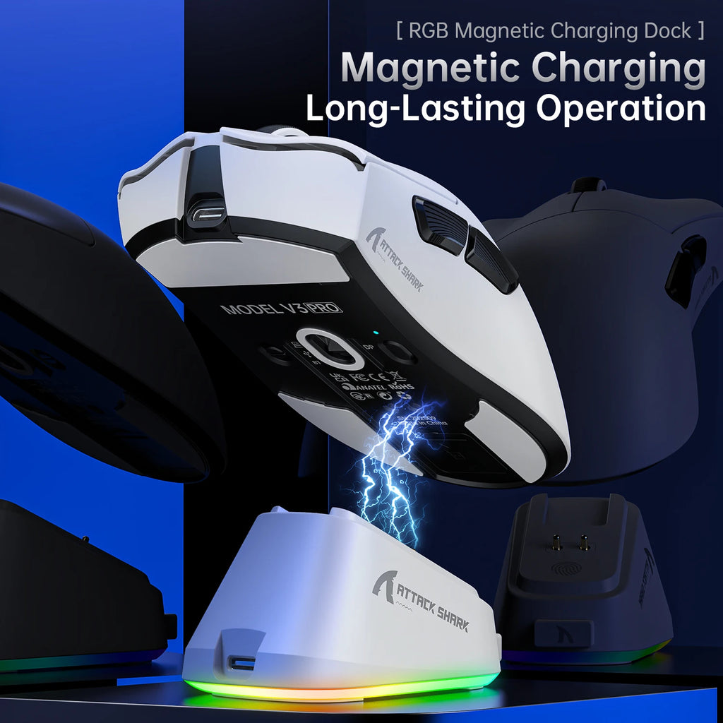 Mouse Gamer Ultra-Leve ATTACK SHARK V3PRO com Base de Carregamento, Conexão Sem Fio 2.4G/Bluetooth/Com Fio, 25000DPI, Taxa de Polling de 1000hz