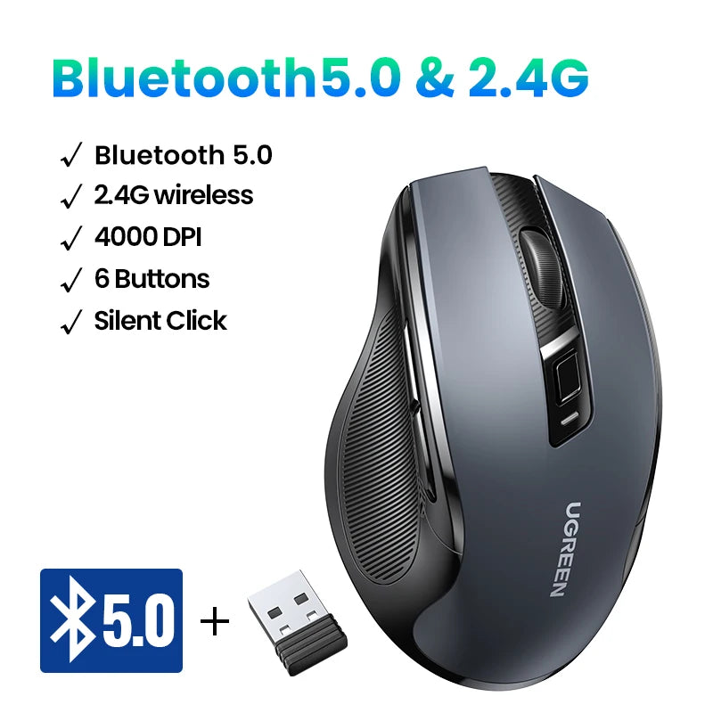 Ugreen mouse ergonômico sem fio 4000 dpi silencioso 6 botões para macbook tablet portátil mudo ratos silencioso 2.4g mouse