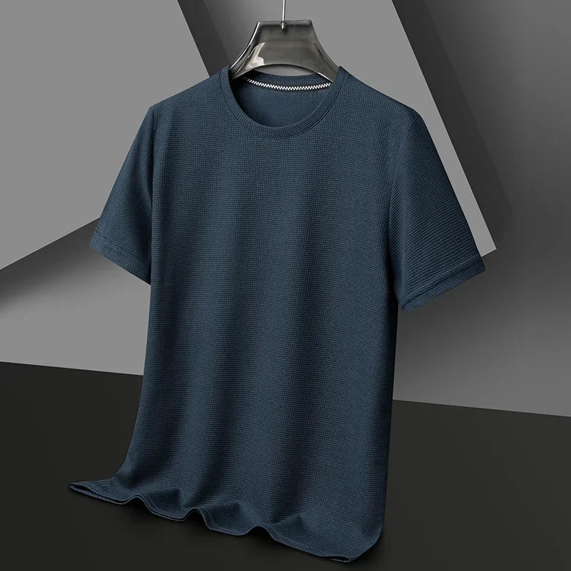Novo verão waffle em torno do pescoço manga curta camiseta para homem de manga curta topo