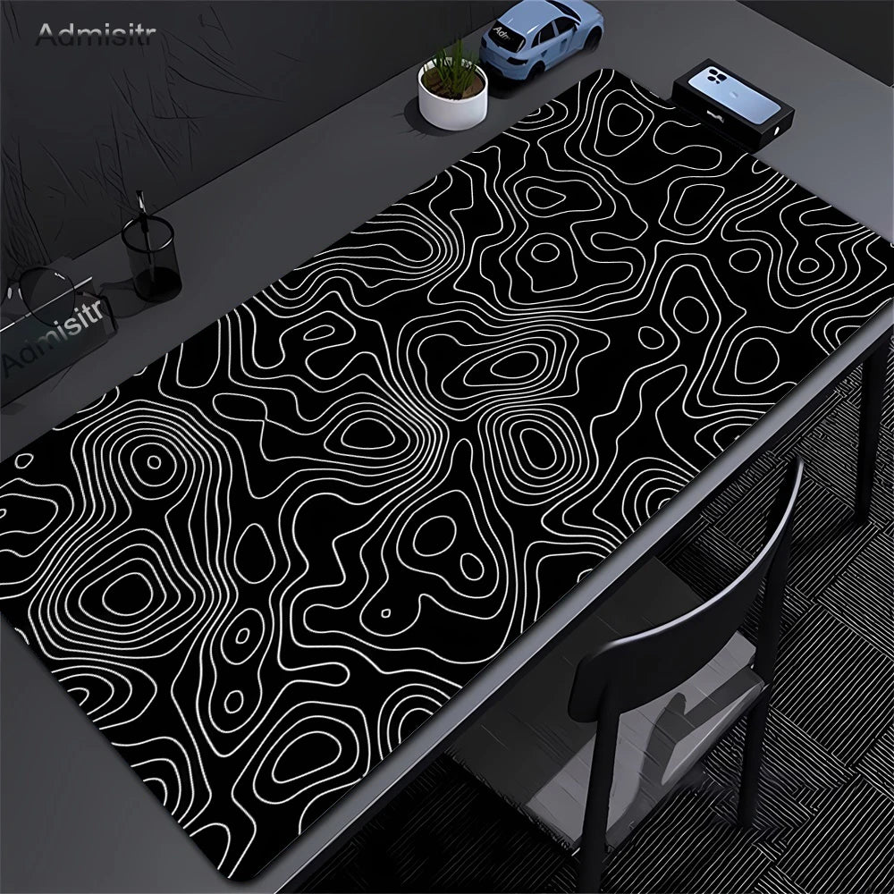 Xxl tapete de mesa preto e branco strata líquido mousepad grande abstrato mouse pad jogos deskmat com lockedge escritório antiderrapante tapete