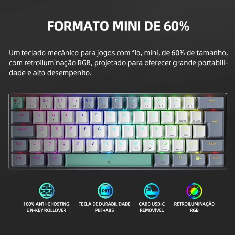 Machenike K500-B61 Mini Teclado Mecânico 60% ABNT2 Layout RGB Backlight Hot-swappable NKRO Wired Gaming Teclado Para PC Gamer
