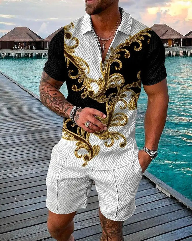 Agasalho de verão masculino terno esportivo conjunto 3d impresso casual manga curta t camisa lapela zip polo roupas masculinas jogging