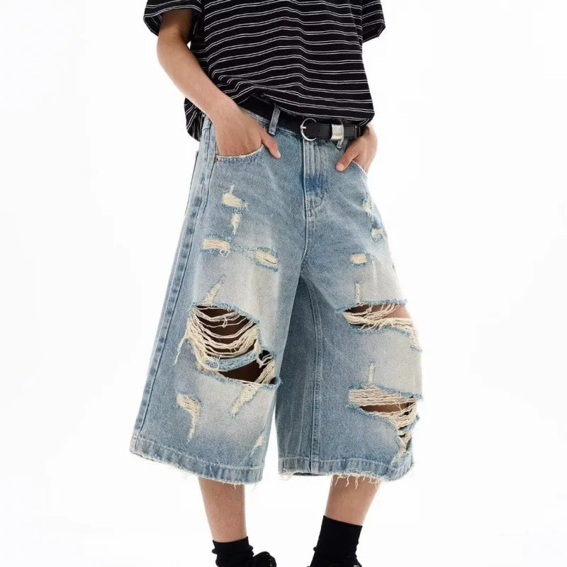 Novos Shorts Jeans Vintage Rasgados para Homens e Mulheres, Estilo Grunge, Oversized, Y2K, Retro Punk, Streetwear, com Pernas Largas