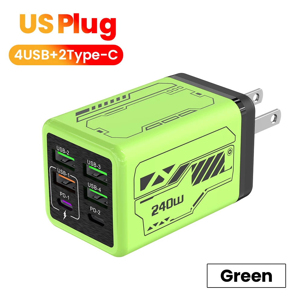 240w 6 portas 4usb + 2 tipo c carregamento super rápido carregador de telefone móvel usb3.0 pd3.0 ue/reino unido/eua carregador para iphone 17 16 samsung poco