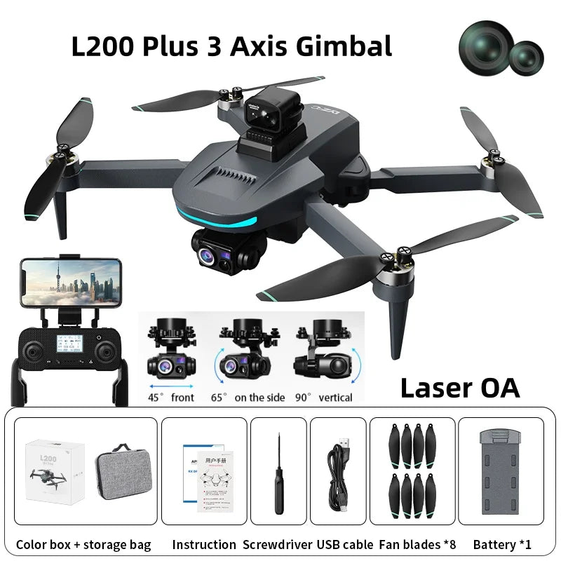 Novo Drone GPS L200 Plus de Fábrica com Câmera Profissional 4K HD, Lente Dupla e Gimbal de 3 Eixos 360 °   Quadcopter RC com Evitação de Obstáculos a Laser e Motor Sem Escovas