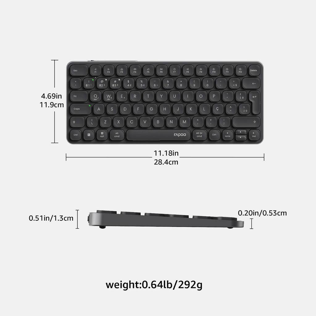 Rapoo E9050L/9010M ABNT2 Português Brasil Multi-Dispositivo Bluetooth Teclado Sem Fio Cor Preta com Chave Multimídia