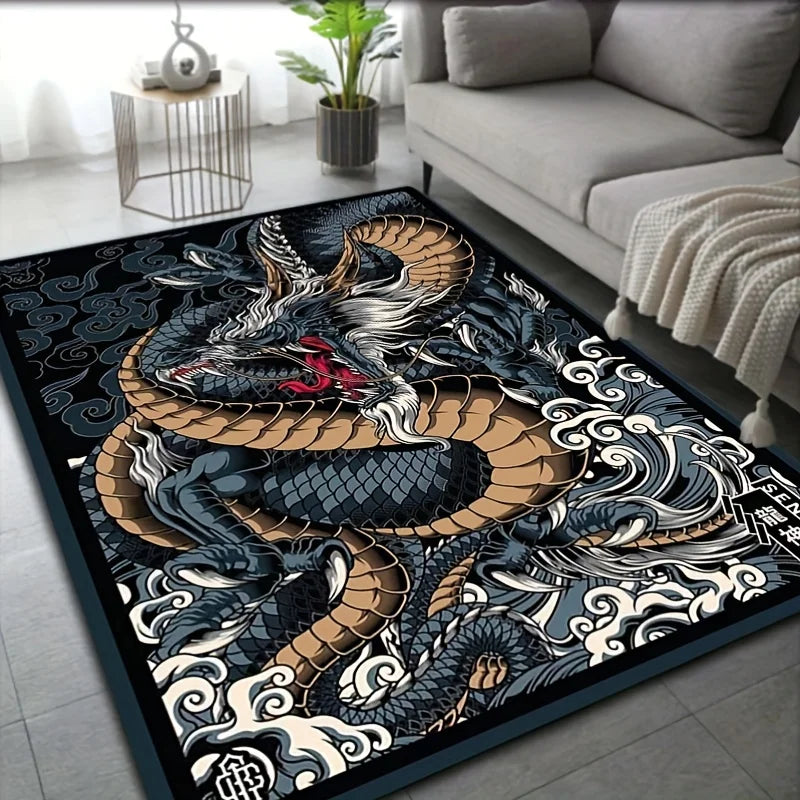 Tapete de Veludo Flanelado com Estampa de Dragão Chinês, Design Mítico, Carpete Decorativo para Sala de Estar e Decoração de Casa