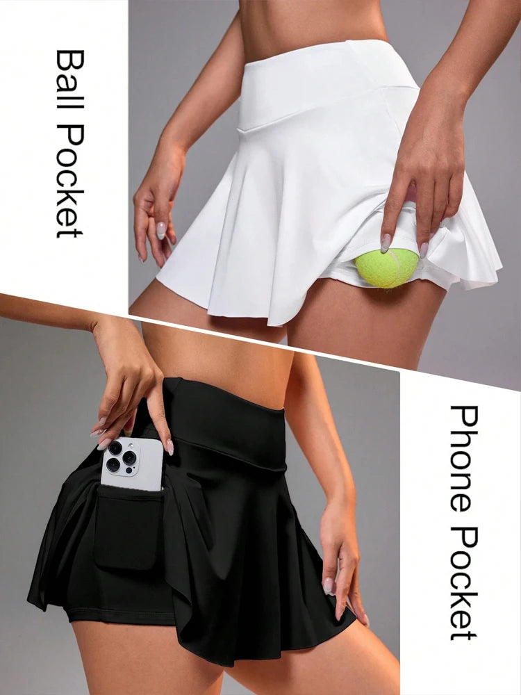 Saia Plissada Feminina Sem Costura de Cintura Alta Estilo Tênis com Bolso Interno Respirável de Secagem Rápida para Esportes Yoga Golfe Curta