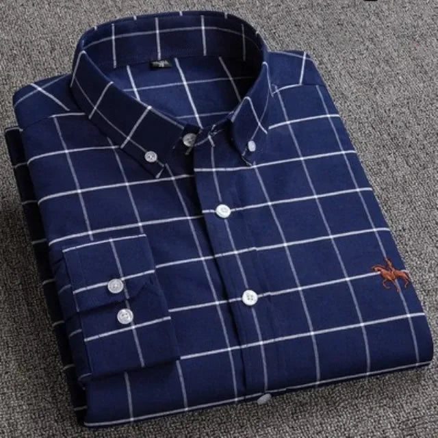 Casual puro algodão oxford camisas masculinas manga longa bordado cavalo design regular ajuste moda botão homem vestido branco camisa