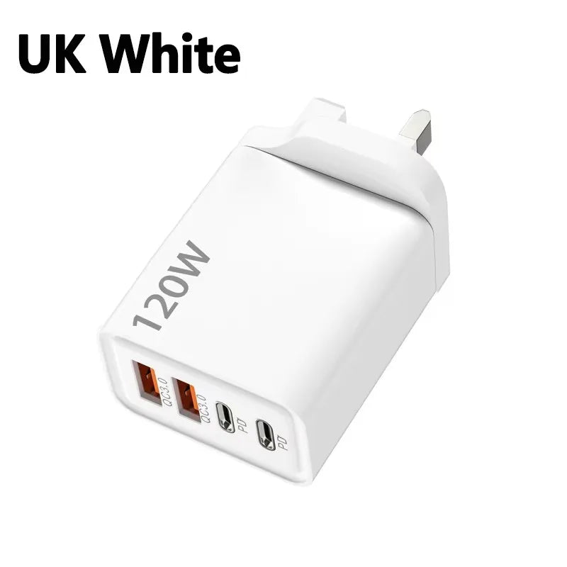 Carregador de 4 portas 120W com Quick Charge 3.0, USB C PD Tipo C, carregador de celular com carregamento rápido para iPhone, Samsung, Xiaomi, Huawei