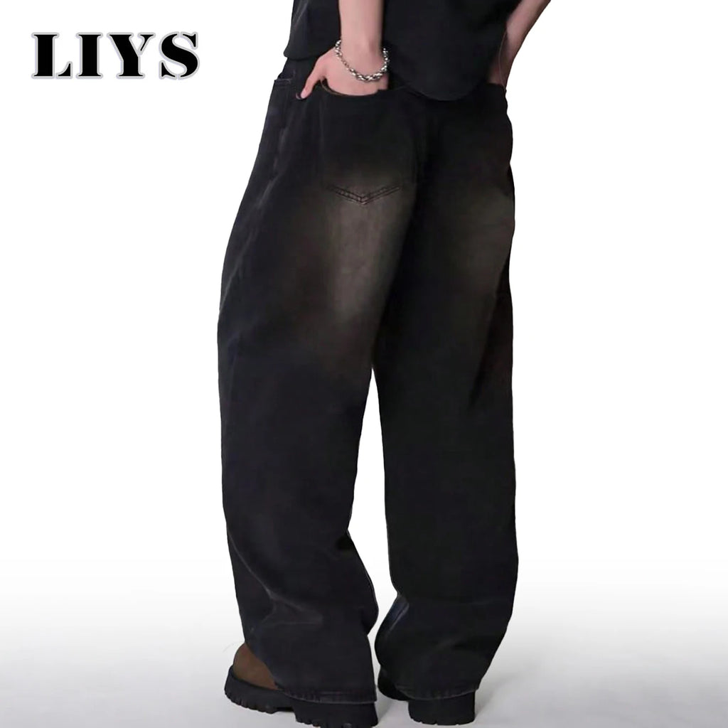 Calça jeans masculina de quatro estações, versão coreana, estudante, casual, alta rua, reta, solta, perna larga, preto, cinza, azul, baggy jean