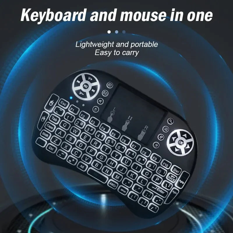 Mini teclado sem fio 2.4ghz, retroiluminação, inglês, russo, espanhol, mouse remoto, touchpad para android, caixa de tv, computador digital i8