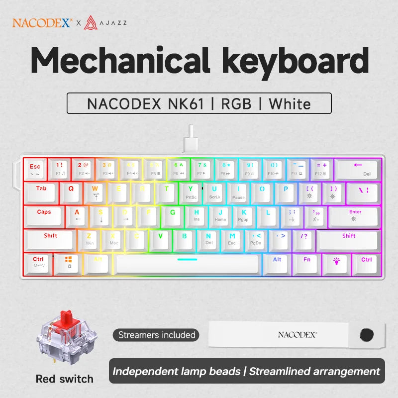 Ajazz nk61 teclado mecânico para jogos com fio 60% rgb hot-swappable 61 teclas interruptor vermelho mini teclado para gamer pc
