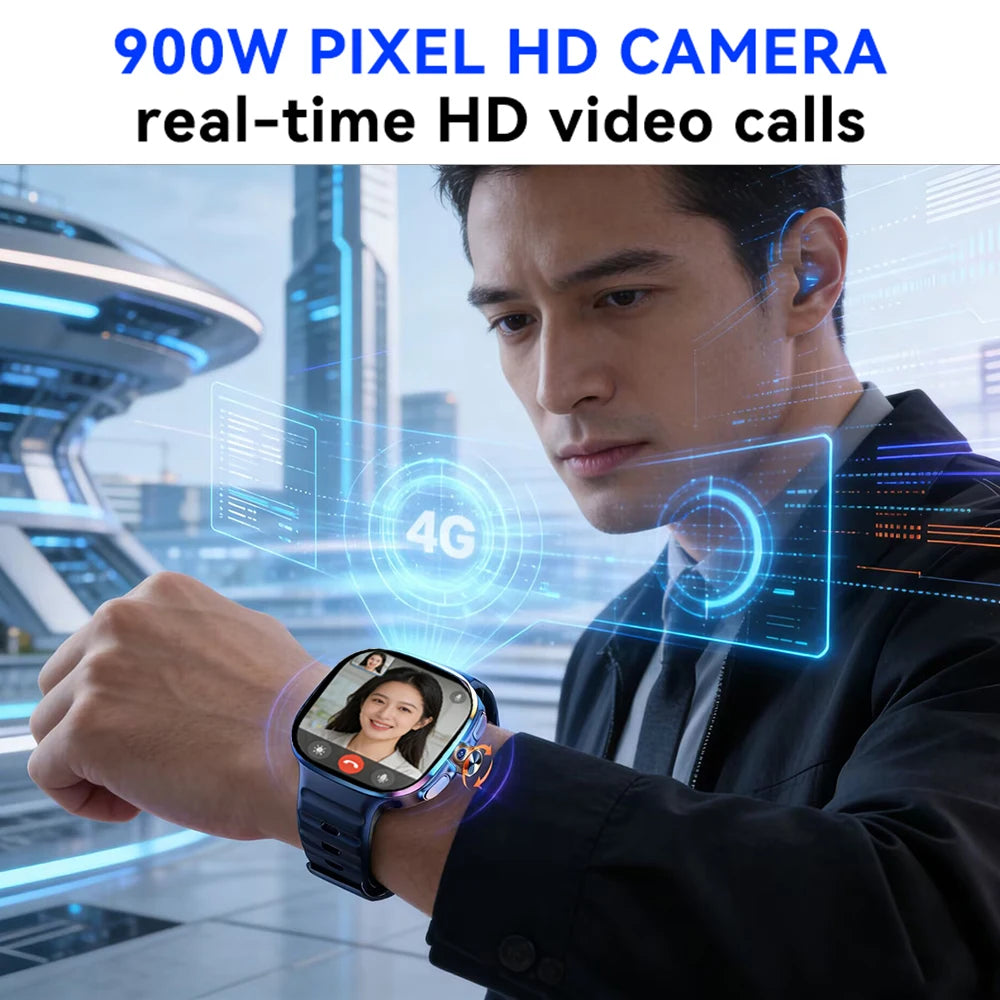 Relógio Inteligente 5G com Tela AMOLED HD de 720*720, Chamada de Vídeo, 8GB+128GB RAM, GPS, WIFI, Google Play, Relógio Inteligente com Previsão do Tempo