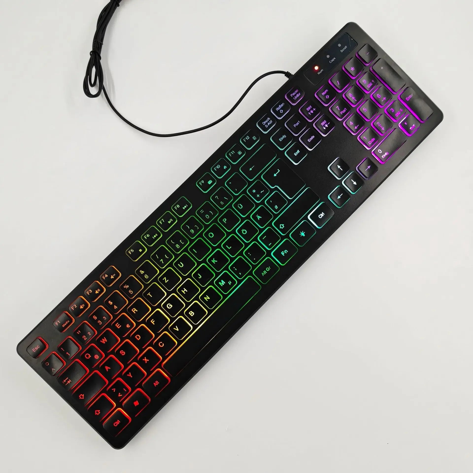 Teclado para jogos de computador com iluminação RGB, silencioso, com fio, USB, para escritório e casa, em russo, francês, espanhol, alemão, árabe e inglês.