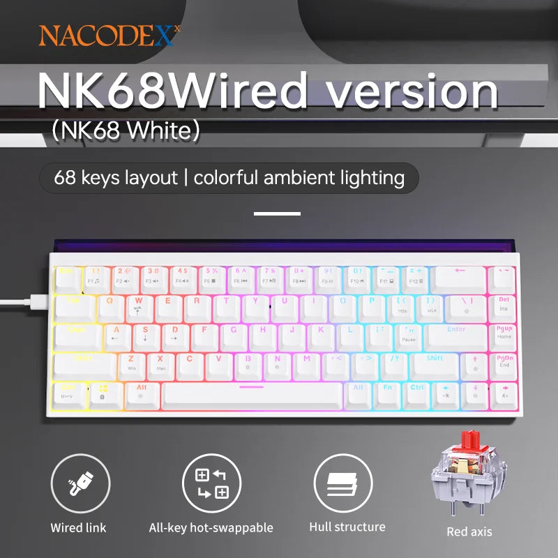 Novo ajazz nacodex nk68 teclado mecânico terreno keycap rgb barra de luz 68 teclas com fio jogos escritório com fio conectar teclado