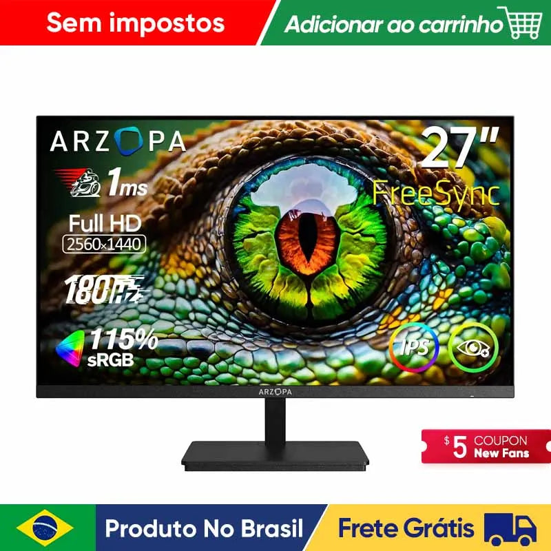 Novo monitor ARZOPA de 27 polegadas, monitor de jogos de 180hz, monitor QHD 2K para PC, 2560*1440, Fast IPS, com Type-C, modo Samsung DeX, FreeSync.