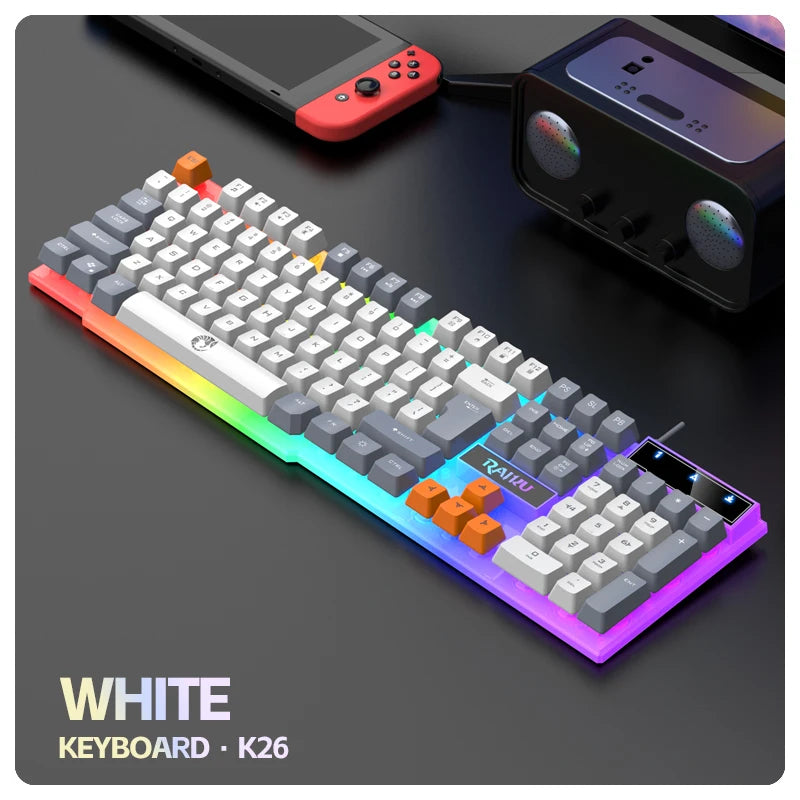 Teclado único e teclado mouse RAIKU T26 Teclado luminoso de três tons Mouse com fio Mecânico Touch Gaming Mouse Conjunto de teclado