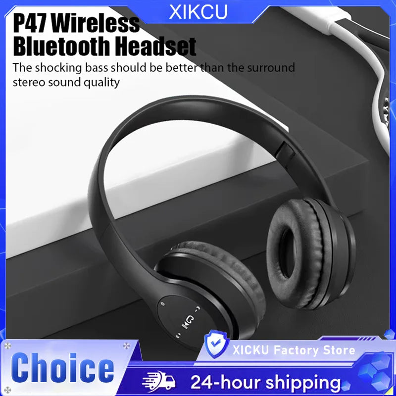 Fone de Ouvido Bluetooth Sem Fio P47 com Microfone, Headset Dobrável, Som HiFi com Graves, Fone de Ouvido Estéreo para Smartphones, TV e Jogos