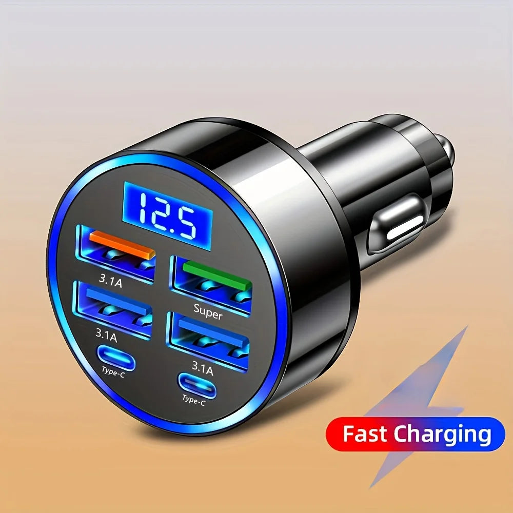 Adaptador de carro de carregamento rápido 6 em 1, 3.1A, display digital duplo tipo C, smartphones, tablets, bancos de energia, carregador portátil preto