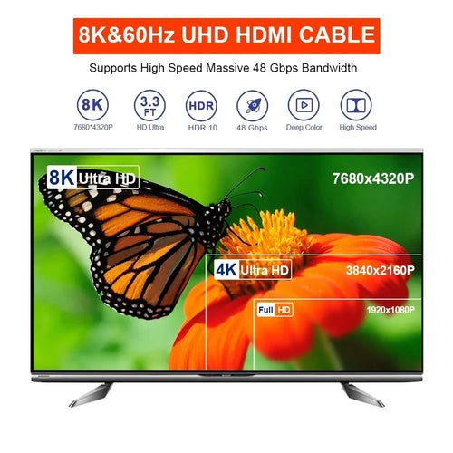 Cabo plano HDMI 8K 48Gbps de alta velocidade 8K60 4K120 144Hz Cabo HDMI 2.1 trançado 3D eARC HDCP 2.2 e 2.3 compatível com Roku TV/PS5