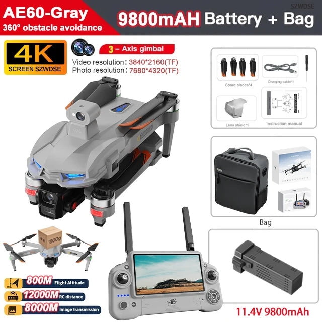 Novo drone gps profissional a60 com câmera 8k, gimbal de 3 eixos, 5g, wi-fi, sem escova, quadricóptero rc, controle de tela, airdrop, segurança