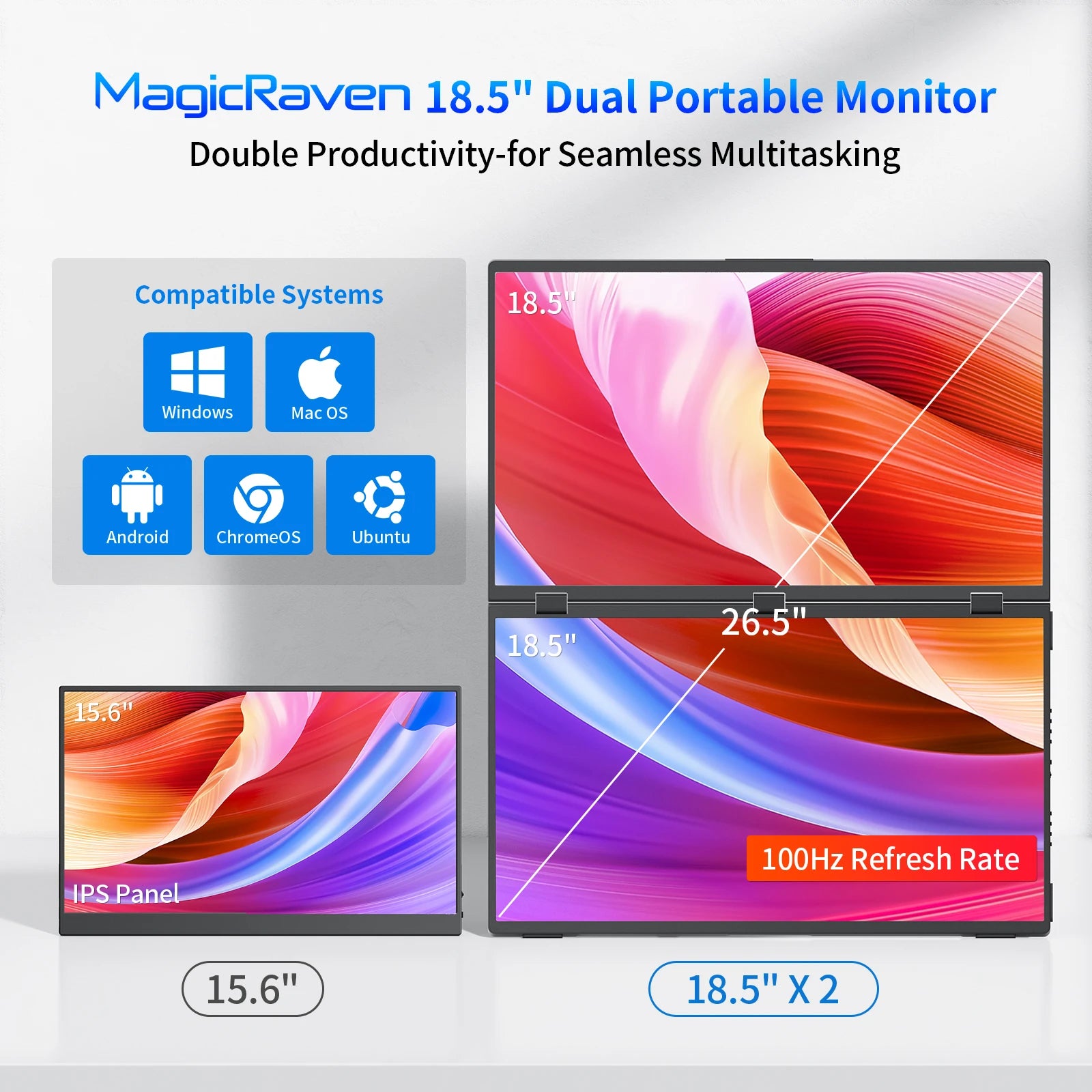 Monitor Portátil Duplo Amoudo de 18,5 polegadas 1080P FHD, Extensor de Tela para Laptop, Monitores Duplos Dobráveis Empilháveis para Laptop, PC, Windows, Mac