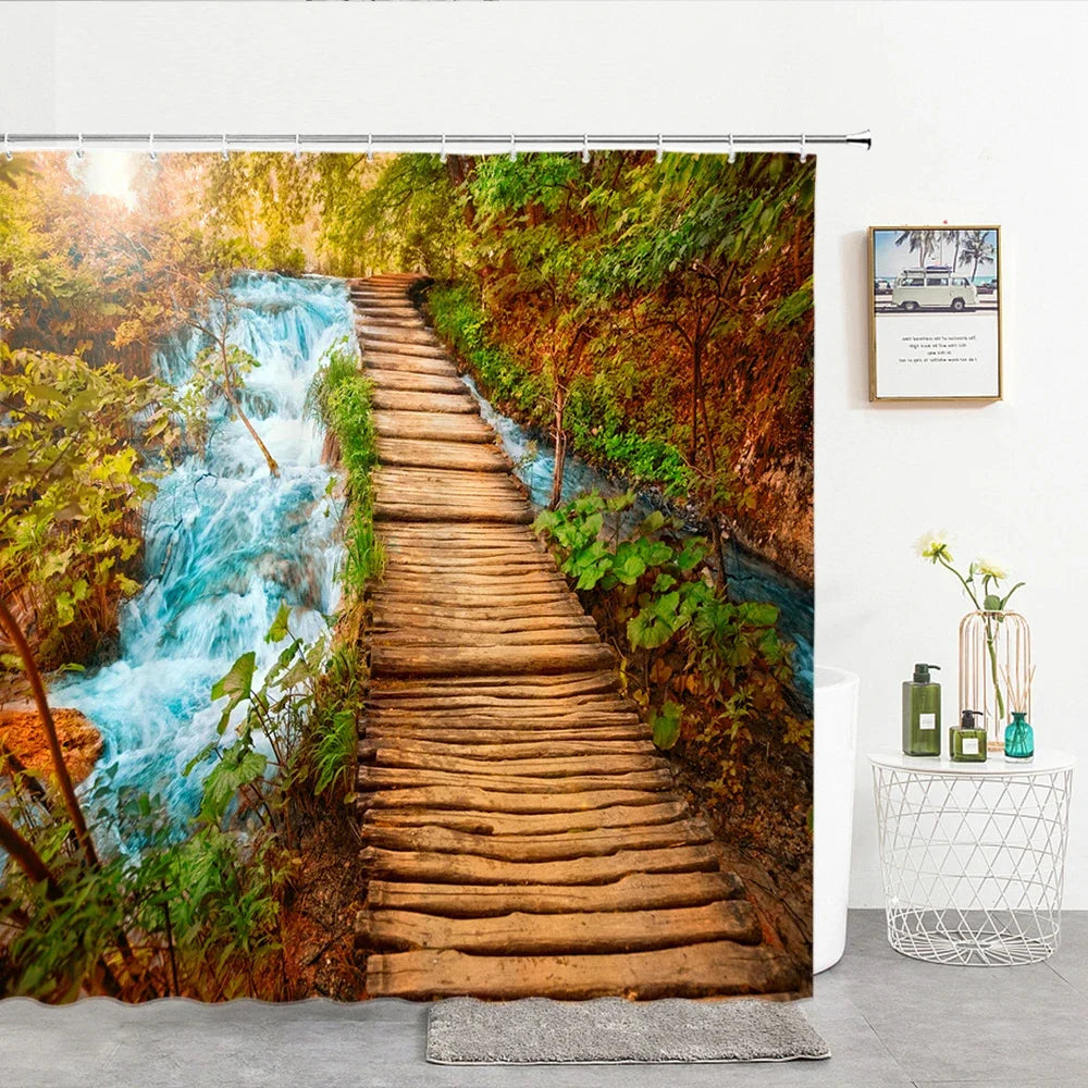 Cortina de banho 3d impressão janela cenário floresta cortinas de chuveiro 180*200cm à prova dwaterproof água cortina do banheiro tecido lavável com ganchos